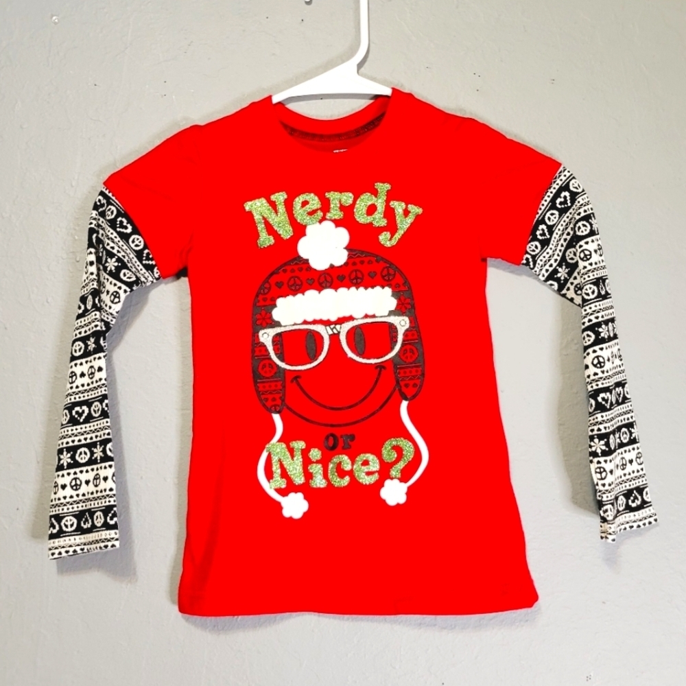 Christmas Nerdy Or Nice Girls Long Sleeve Top XS (4-5)